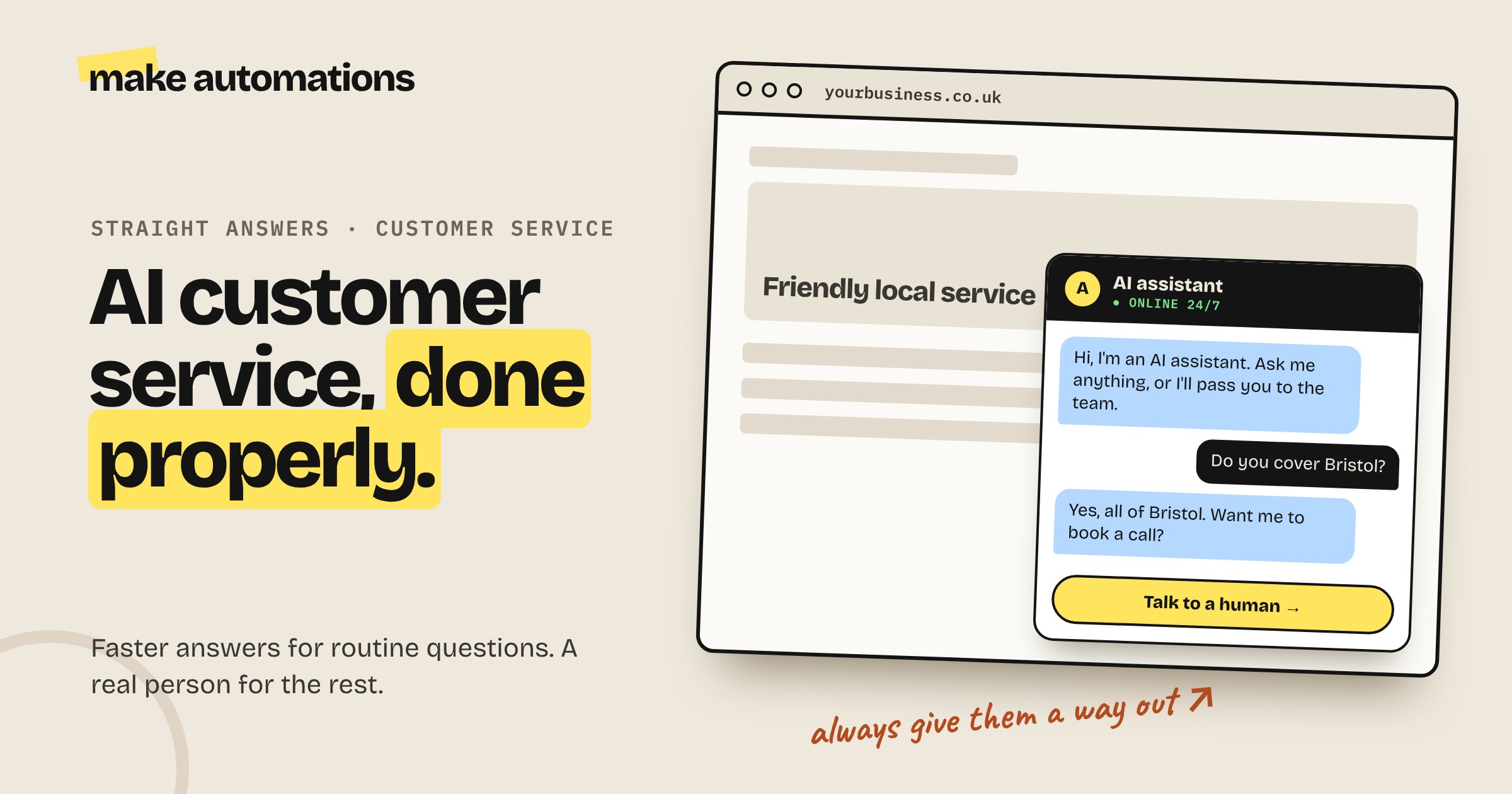 A website on a desk with an AI chatbot answering a customer question and a button to talk to a human