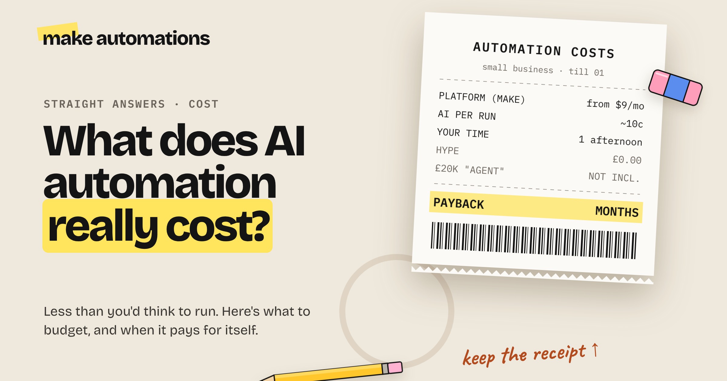 A till receipt on a desk listing the costs of AI automation, from the platform to the AI calls