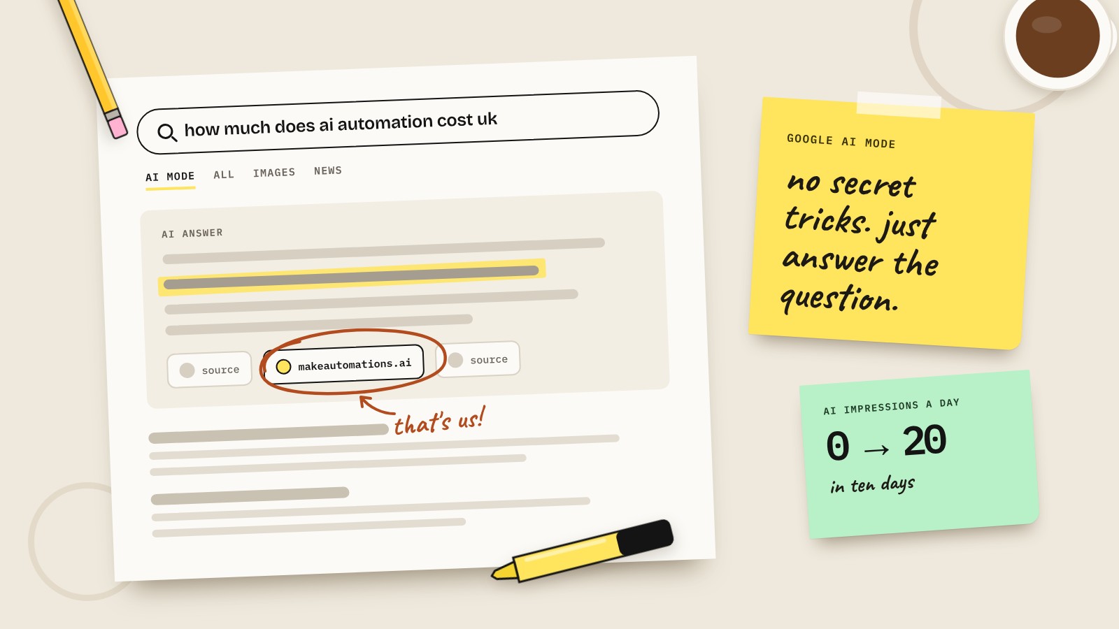 A printed Google AI Mode results page for "how much does ai automation cost uk" with the makeautomations.ai source circled in red pen and labelled "that's us!", next to sticky notes reading "no secret tricks, just answer the question" and "AI impressions a day, 0 to 20 in ten days